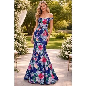 NWT My Michelle Off The Shoulder Formal Gown Floral Print Satin Sz 1 HOCO PROM